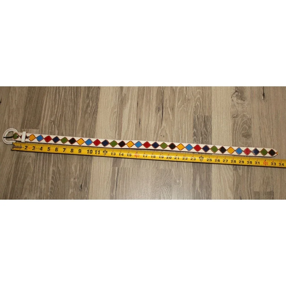 Colorful hand painted Leather Belt White - Color Diamonds - SIZE S/M - 34